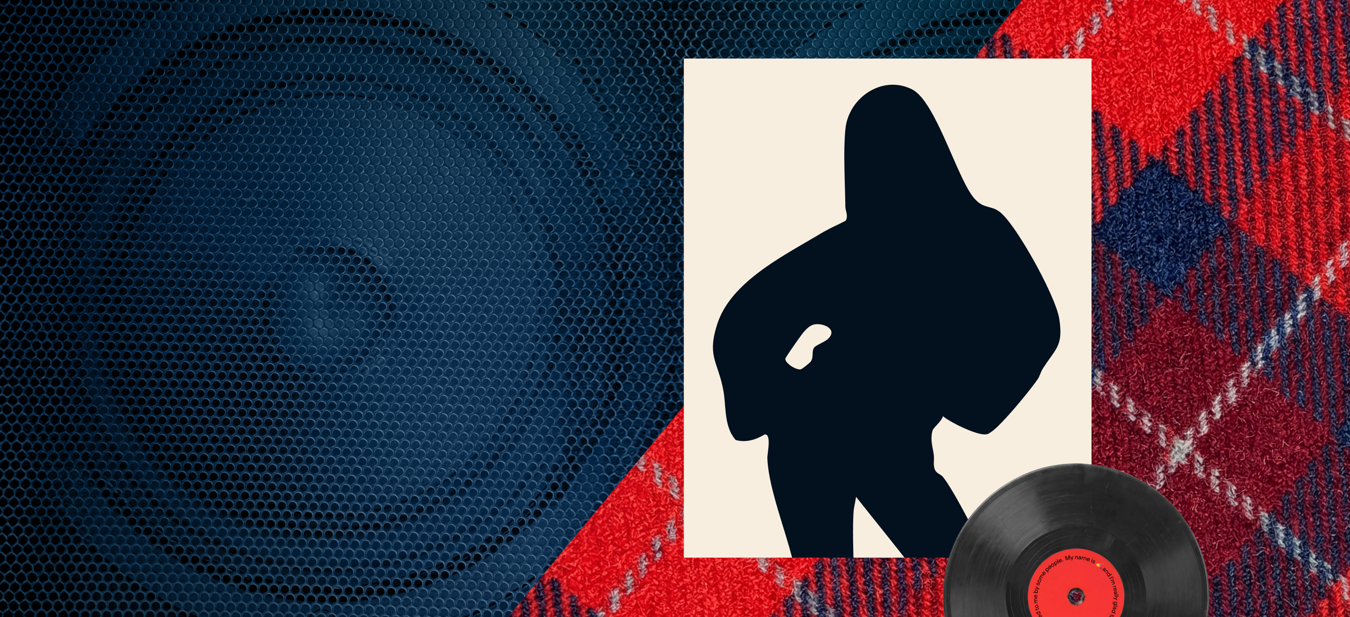 Silhouette of a person with a record and vinyl on a plaid pattern background