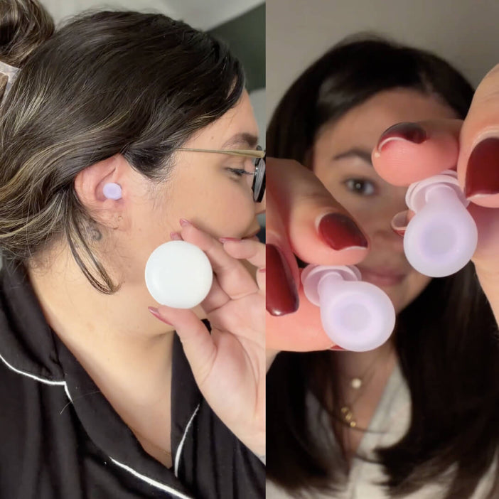 A split-screen lifestyle image showing a woman wearing Loop Dream in her ear, with the other side showing her holding a pair of Loop Dream.
